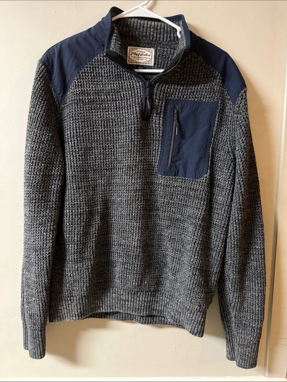 Gray Knit Half-Zip Sweater with Navy Shoulder Panels and Chest Pocket